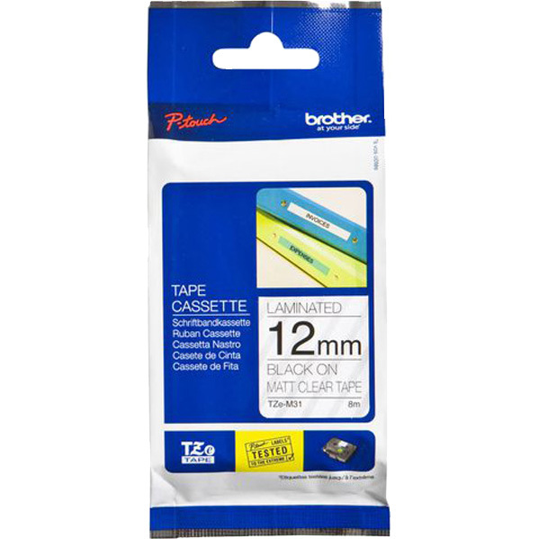 Brother-12mm-Tape-zwart-op-mat-transparant-TZE-M31-printlint
