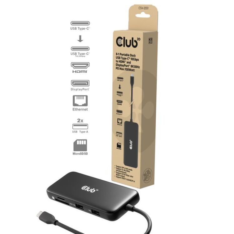 Club-3D-8-1-Portable-Dock-USB-C-10Gbps-naar-HDMI-en-DisplayPort-dockingstation