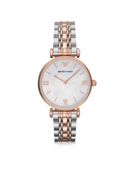 Emporio Armani Dames Retro parelmoer tweekleurig roestvrijstalen horloge AR1683