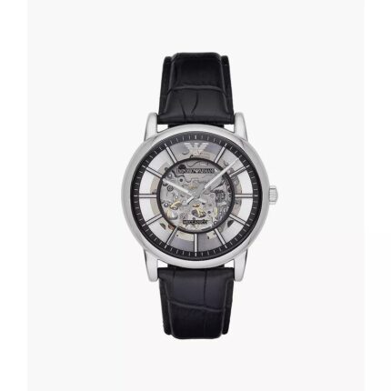 Emporio Armani Heren Luigi Skeleton Dial lederen band horloge AR1981