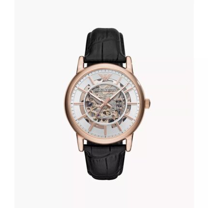 Emporio Armani automatisch zwart lederen Herenhorloge- zwart AR60007