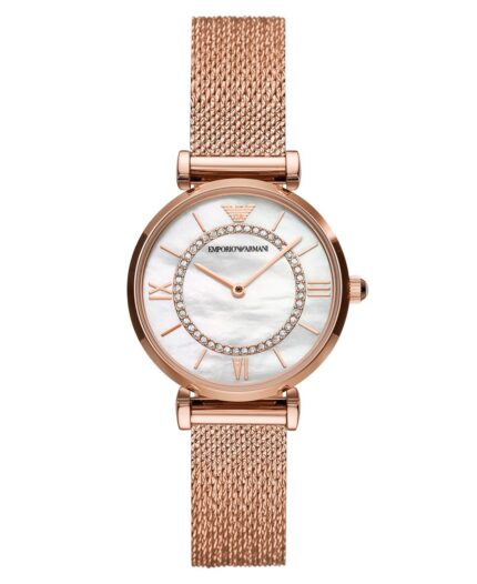 Emporio Armani dameshorloge met Rosegoudkleurige roestvrijstalen gaasband 32 mm AR11320
