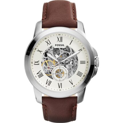 Fossil Automatisch Grant-horloge met bruine leren band voor heren, 44 mm ME3052