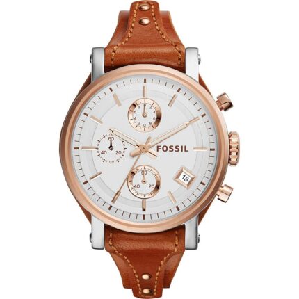 Fossil Dames ES3837 'Original Boyfriend' chronograaf rose accent bruin lederen horloge - goud