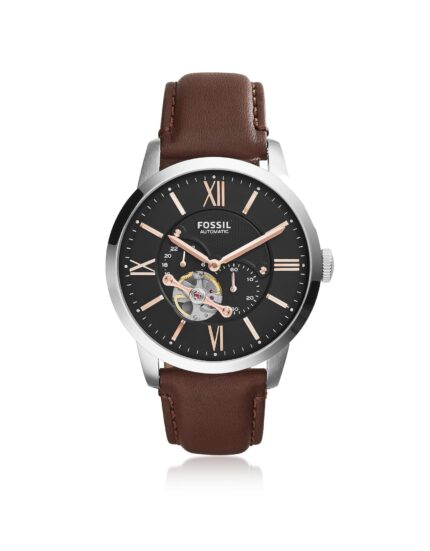 Fossil Heren 44 mm bruine lederen band stalen kast Mechanisch zwarte wijzerplaat analoog horloge Me3061