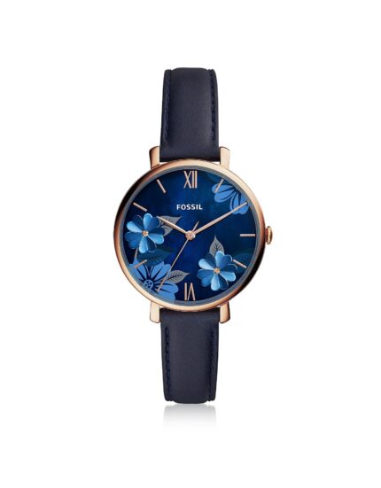 Fossil Jacqueline Dameshorloge met florale wijzerplaat in marineblauw leer ES4673