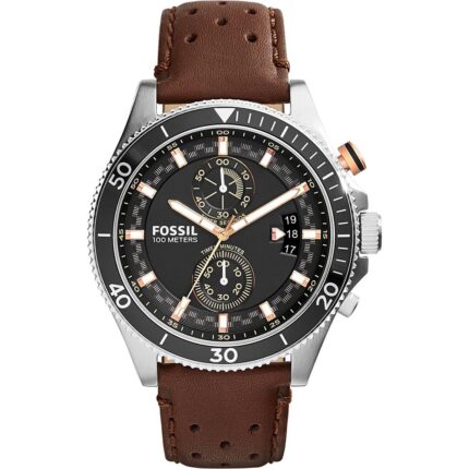 Fossil 'Wakefield' chronograaf horloge met leren band, 45 mm bruin/zilver/ eierschaal CH2943