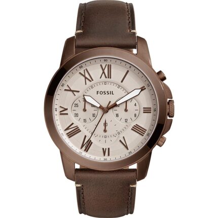 Fossil heren FS5344 'Grant' chronograaf van roestvrij staal en bruin leer 44 mm rond horloge
