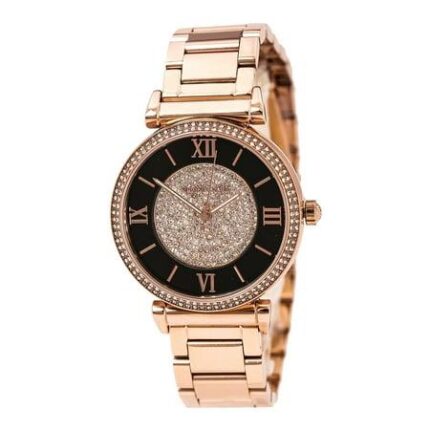 Michael Kors Dames MK3339 Catlin zwart en Rosegouden kristallen effen wijzerplaat Rosegouden stalen armbandhorloge