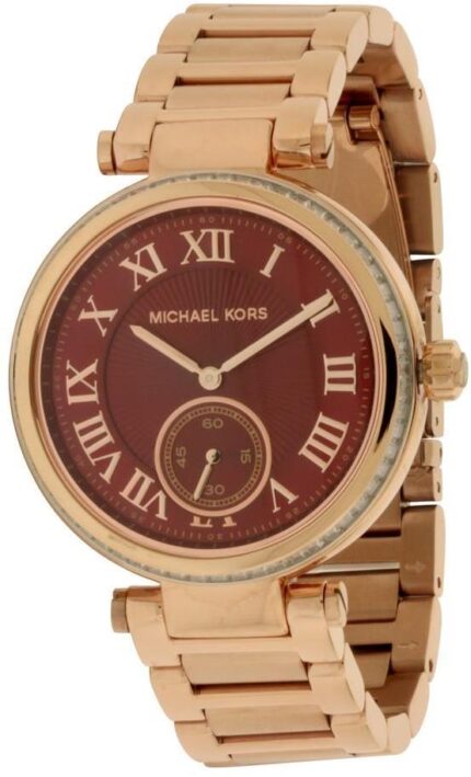 Michael Kors MK6086 'Skyler' dameshorloge met rode wijzerplaat, Rosegoudkleurig roestvrij staal