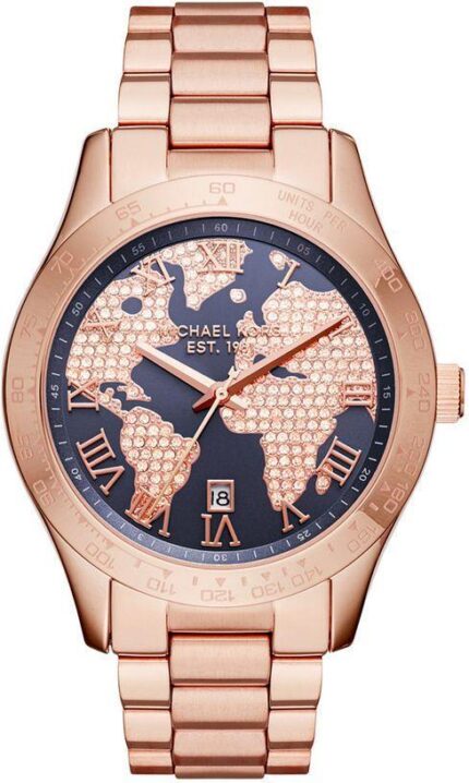 Michael Kors dames MK6395 'Layton' wereldkaart kristal Rosekleurig roestvrij stalen horloge